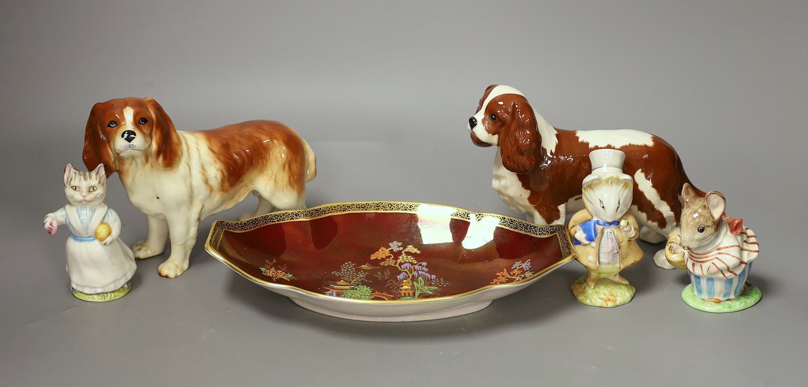 Five items of Beswick including three Beatrix Potter figures together with Crown Devon Rouge royal tray
